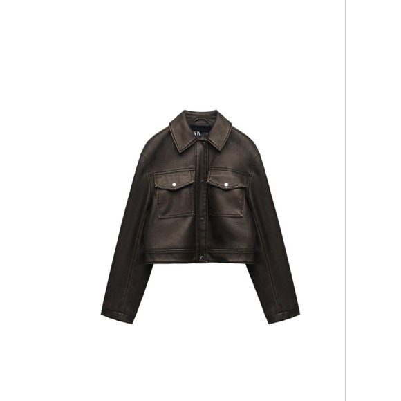 Zara Jackets & Coats Zara Faux Leather Crop Jacket Brown Size S